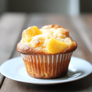 Close-up of a single peach muffin with visible peach chunks on top